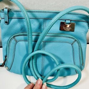 TIGNANELLO Aqua Blue Leather Shoulder Crossbody Bag w Front Wallet Zipper Pocket